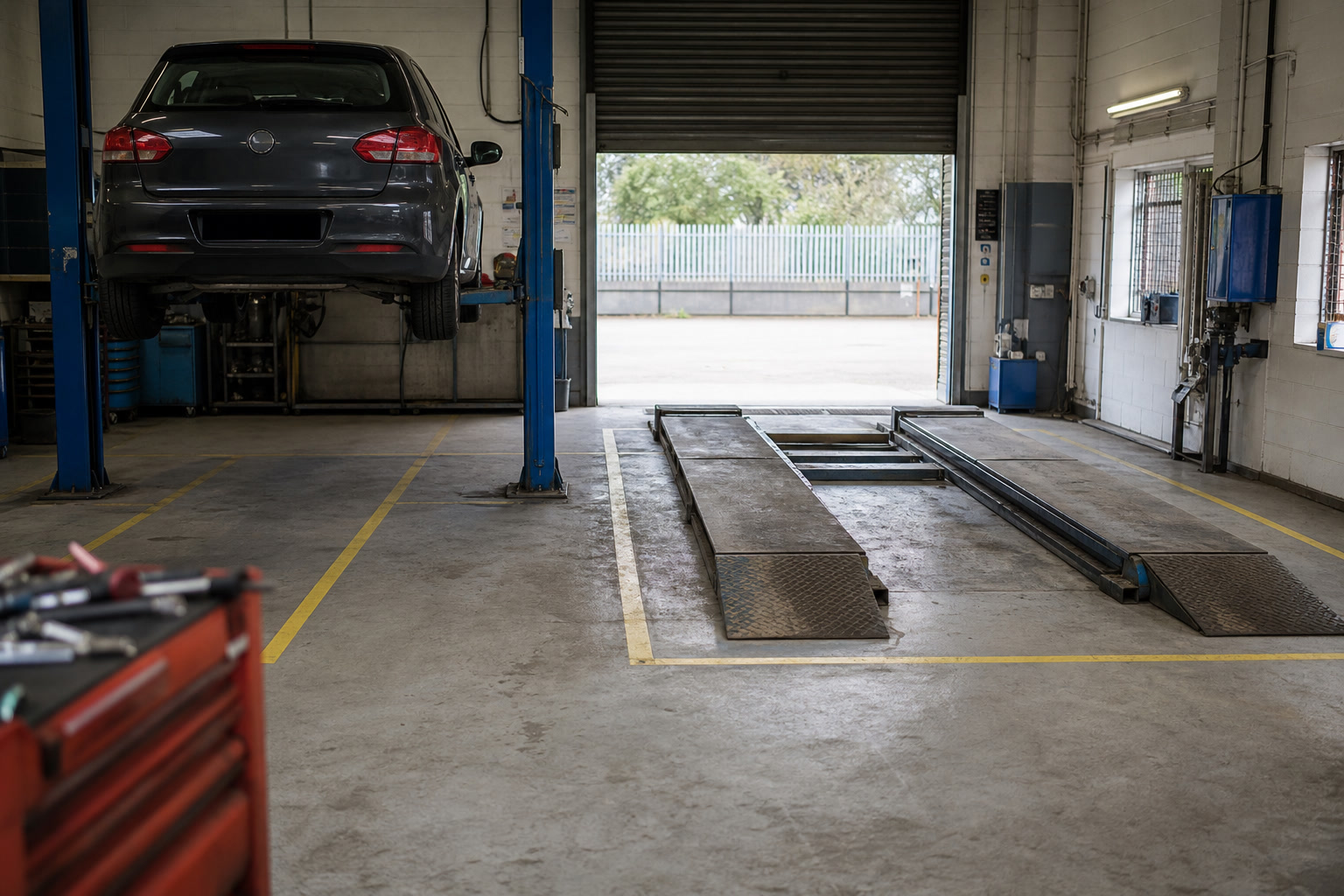 Two workshop bays: a car on a two-post lift and an empty four-post ramp.