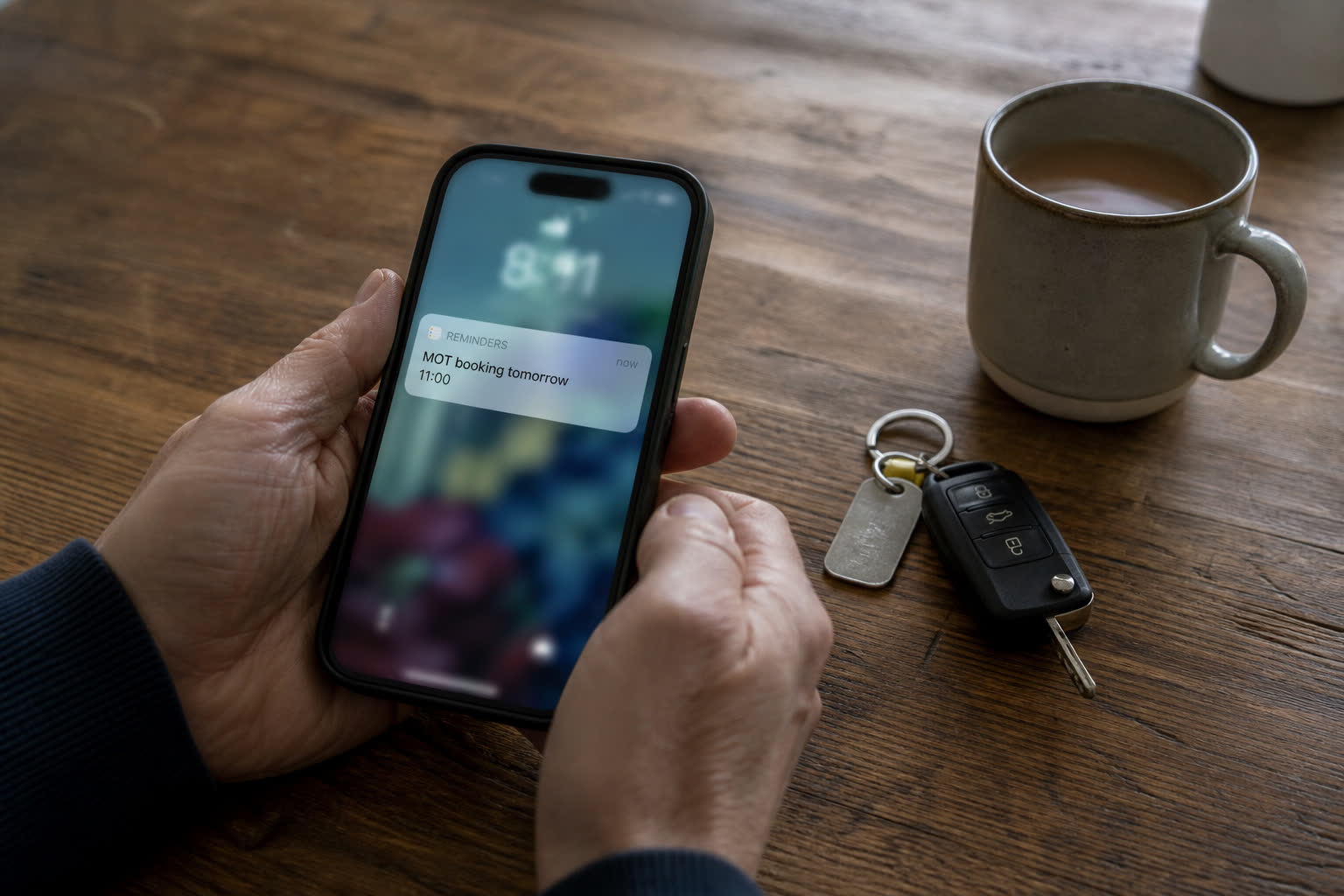 A phone on a kitchen table showing a booking reminder, with car keys beside a mug of tea.